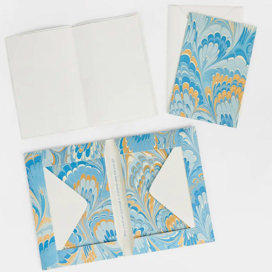 Hand Marbled Card Set in Peacock Blue Gold