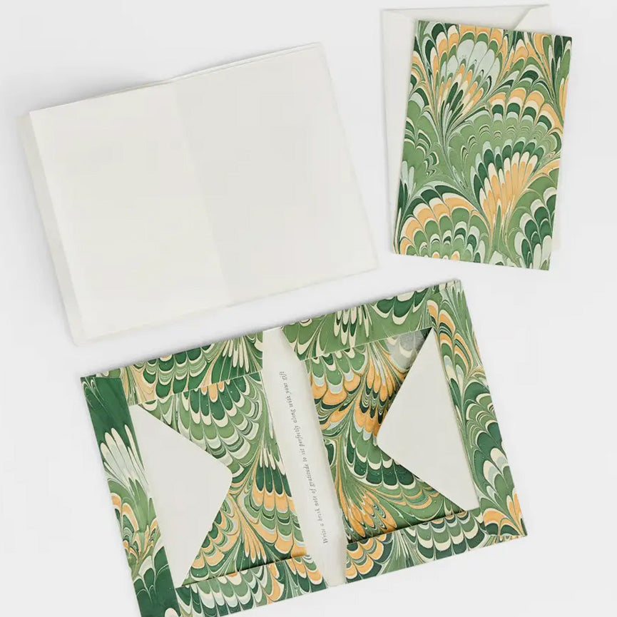 Hand Marbled Card Set in Peacock Green