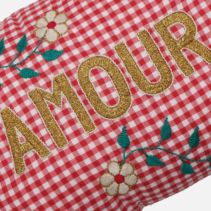 Amour Red Check French Embroidered Lumbar Pillow