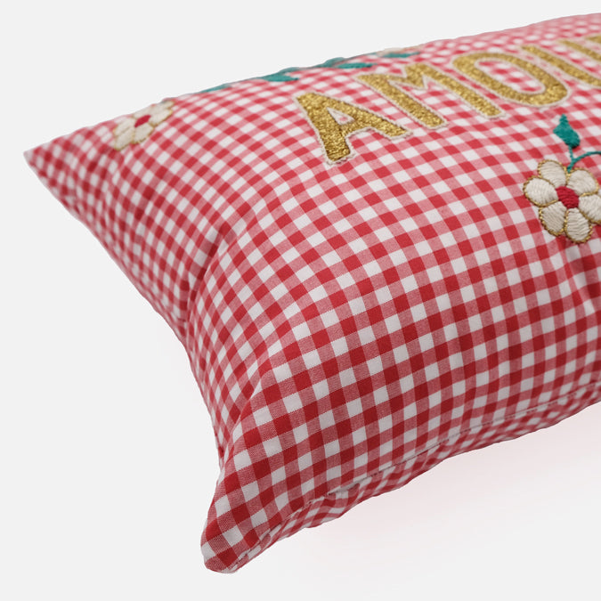 Amour Red Check French Embroidered Pillow, lumbar