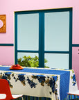Lisa Corti Vienna Blue Cream Cotton Blockprint Tablecloth at Collyer's Mansion