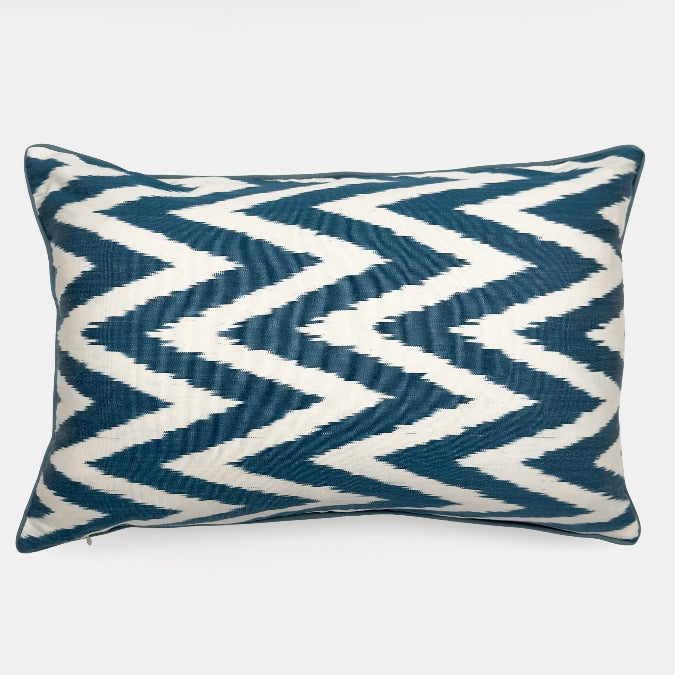 One of a Kind Blue Satin Suzani Lumbar Pillow