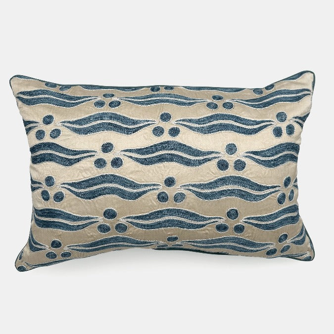 One of a Kind Blue Satin Suzani Lumbar Pillow