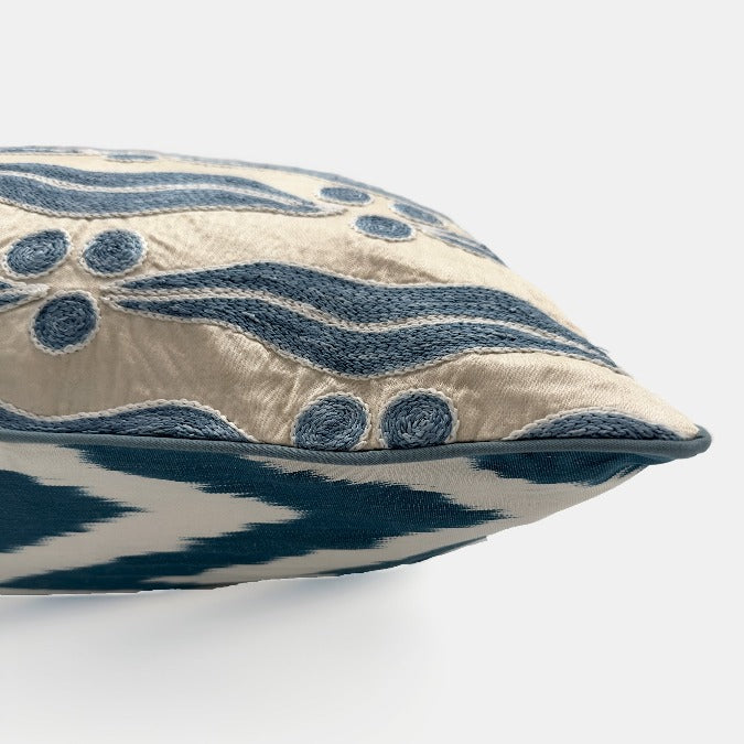 One of a Kind Blue Satin Suzani Lumbar Pillow