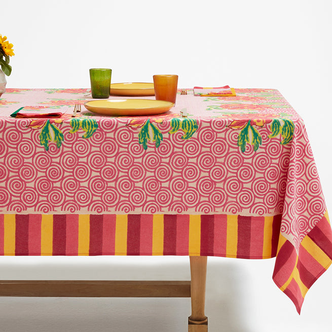 Lisa Corti Camelia Pink Magenta Cotton Blockprint Tablecloth at Collyer's Mansion