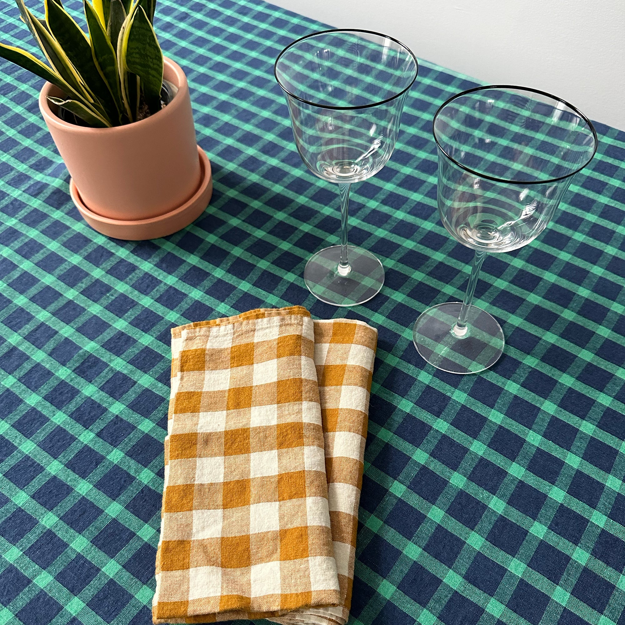 Linen Tablecloth in Green Navy Check