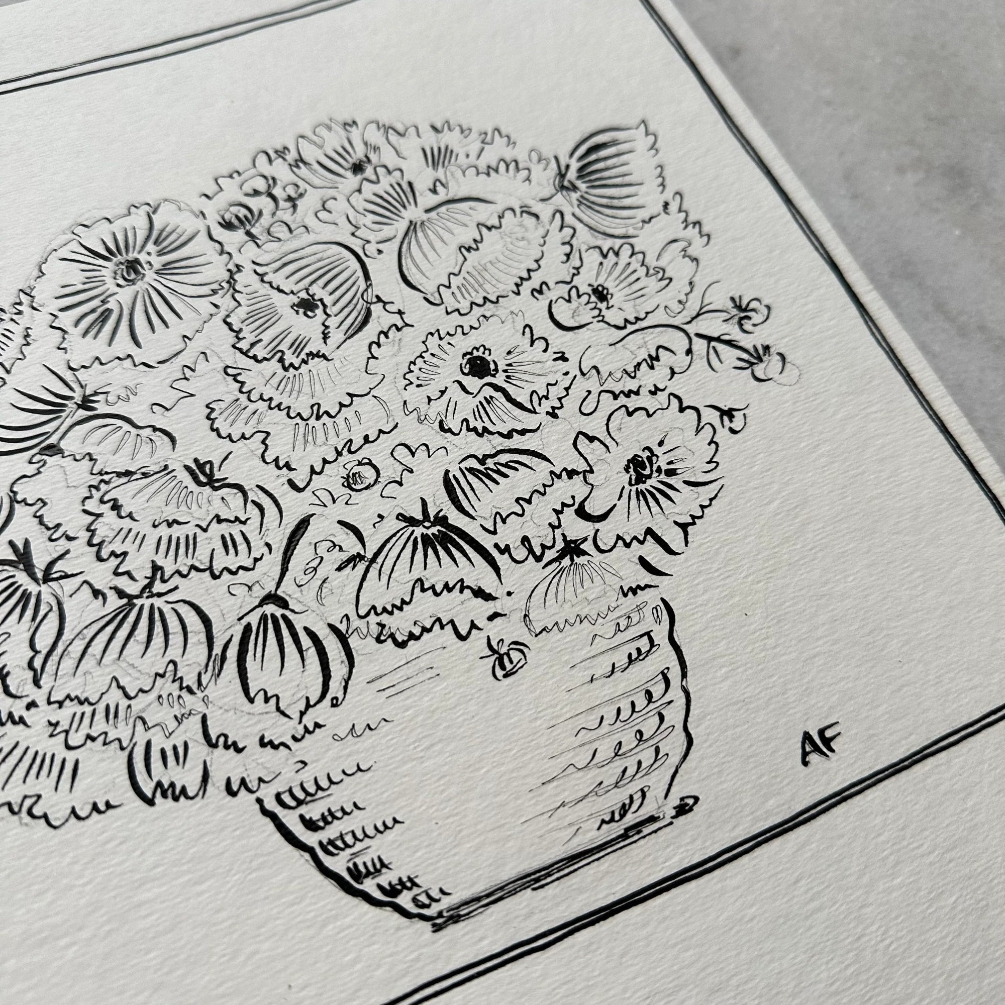 India Ink Cosmos in Vase i by Aislinn Forbes