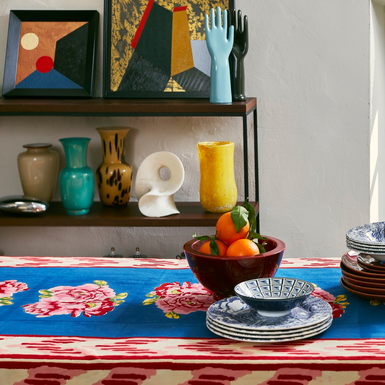 Nina Rose Blue Cotton Tablecloth in Small Square
