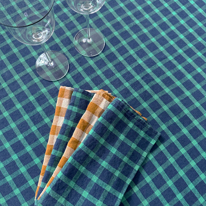 Linen Tablecloth in Green Navy Check