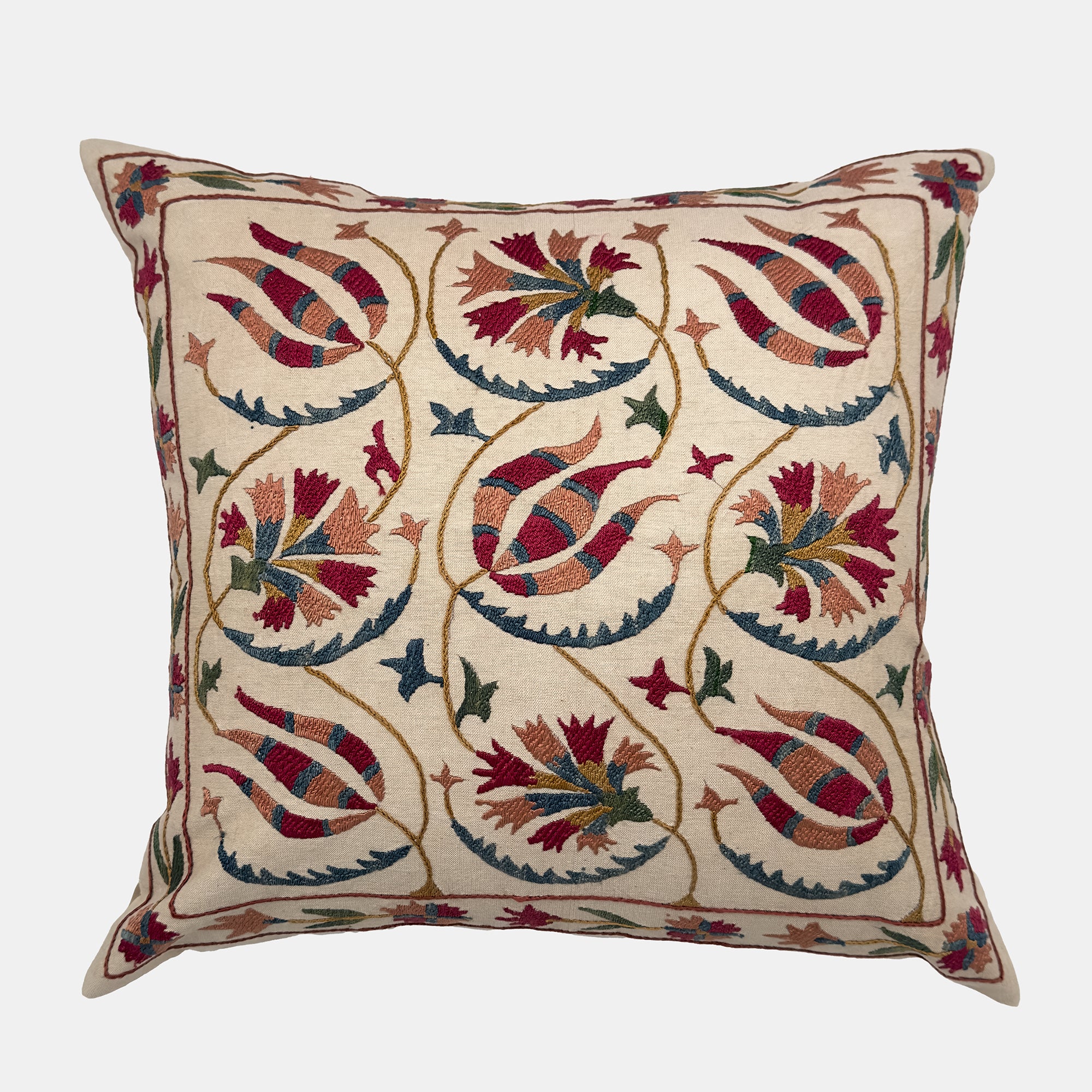 One of a Kind Red and Gold Floral Vine Suzani Pillow, square