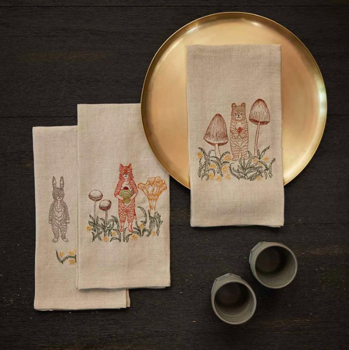 Fox with Mushrooms Tea Towel