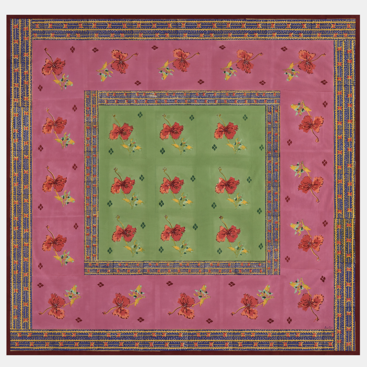 Ibisco Green Pink Cotton Tablecloth