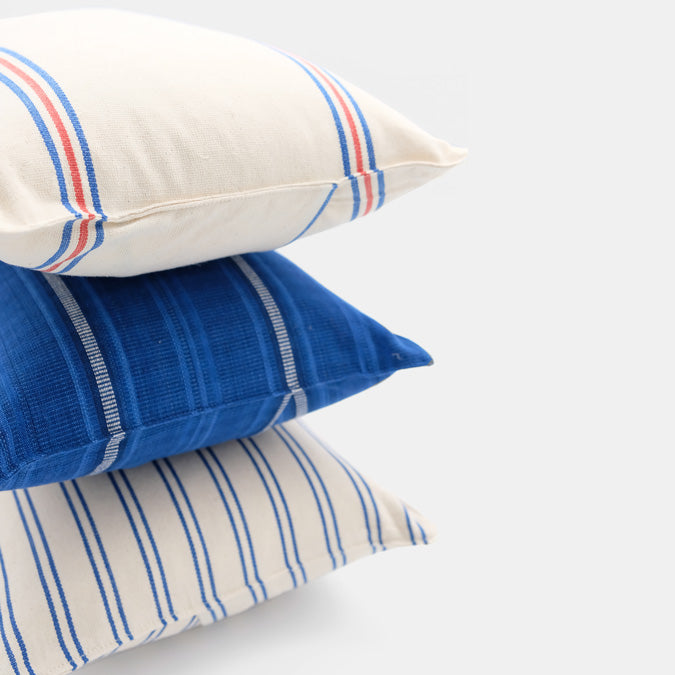 Blue Double Stripe Woven Small Lumbar Pillow by Tensira