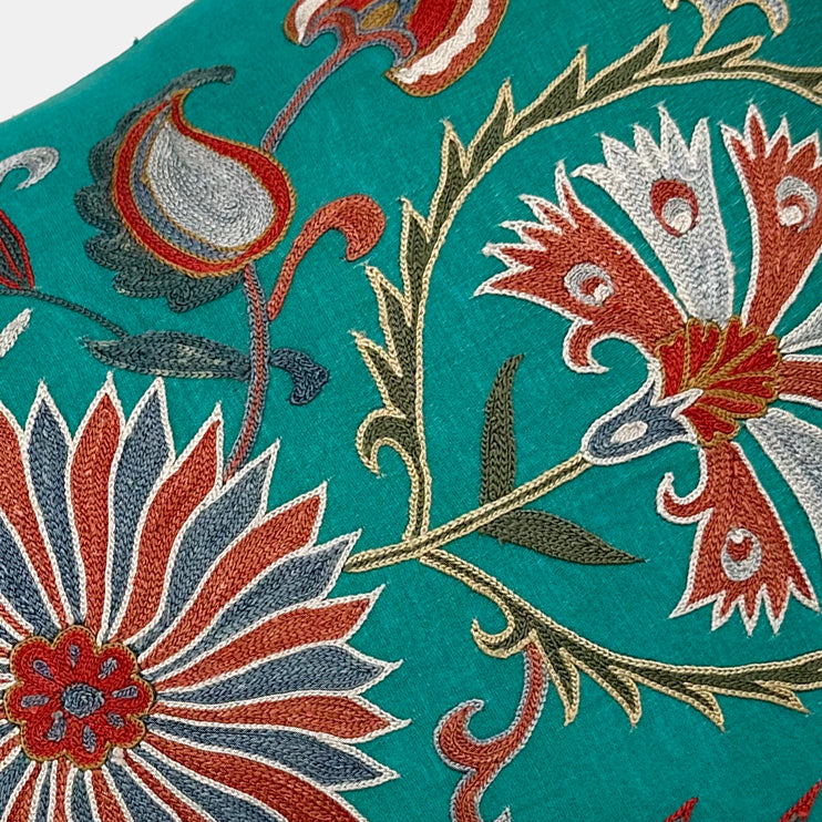 One of a Kind Teal Floral Suzani Pillow, lumbar