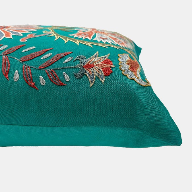 One of a Kind Teal Floral Suzani Pillow, lumbar