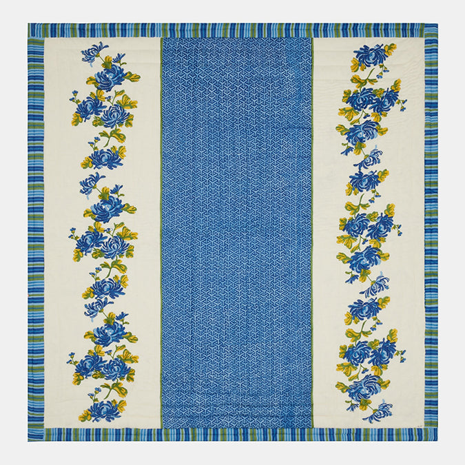 Lisa Corti Vienna Blue Cream Floral Cotton Block Print Quilt at Collyer's Mansion