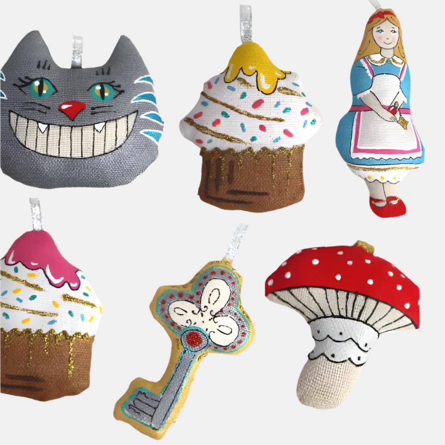 Alice in Wonderland Ornament Set in Handmade Box