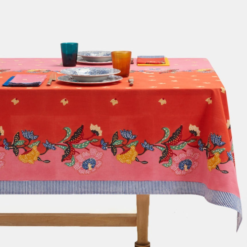 Indonesian Red Rose Cotton Tablecloth in Square