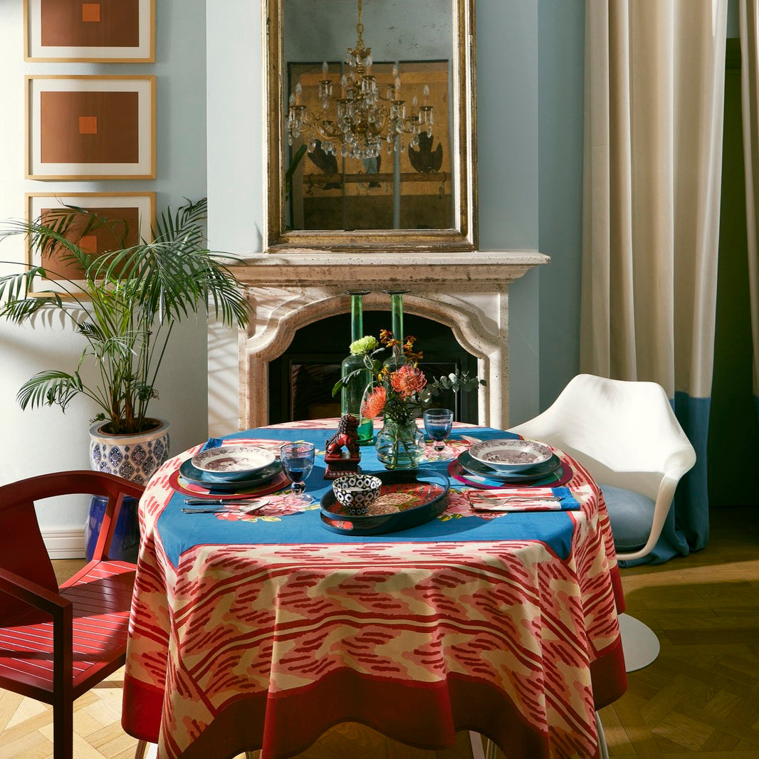 Nina Rose Blue Cotton Tablecloth in Small Square