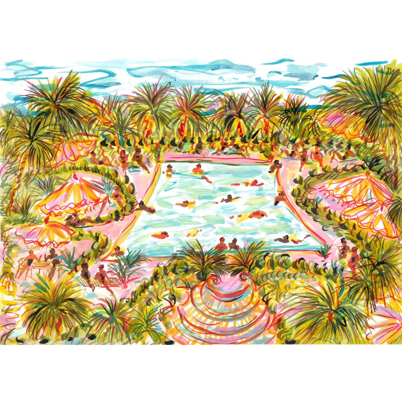 Pink Pool and Palms Print