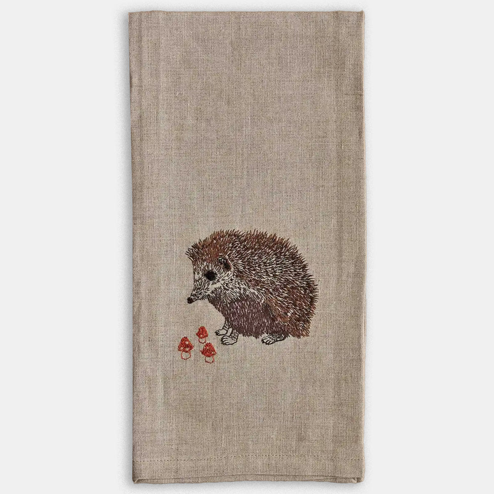 Hedgehog with Mushrooms Tea Towel