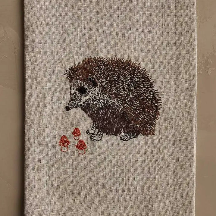 Hedgehog with Mushrooms Tea Towel