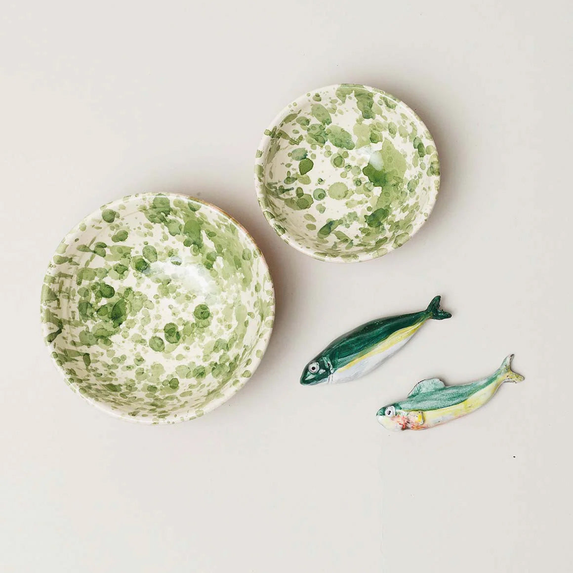 Montegranaro Green Splatterware Oil & Salt Dish Set