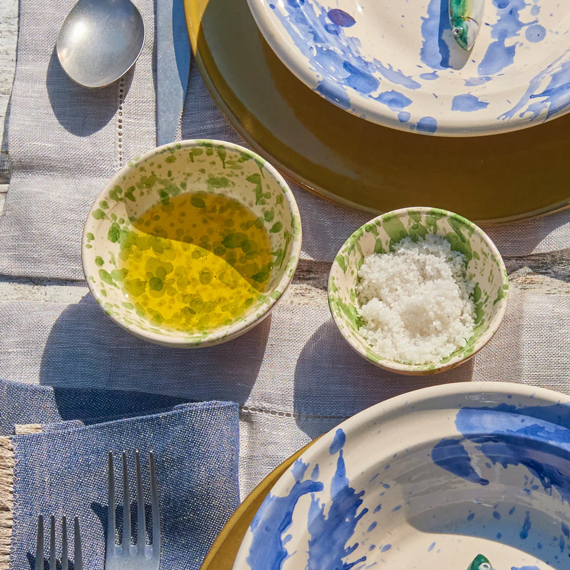Montegranaro Green Splatterware Oil & Salt Dish Set
