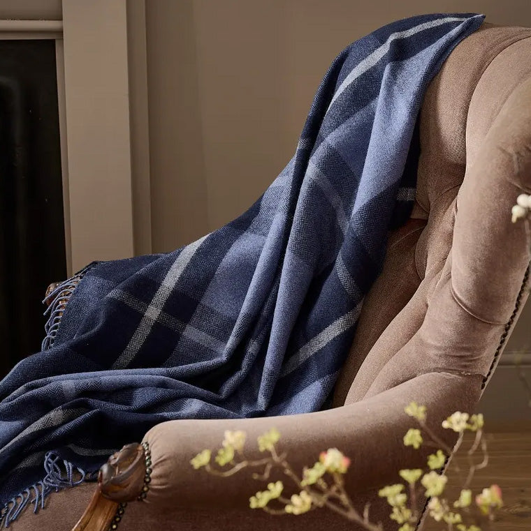 Navy Check Cashmere Blend Throw