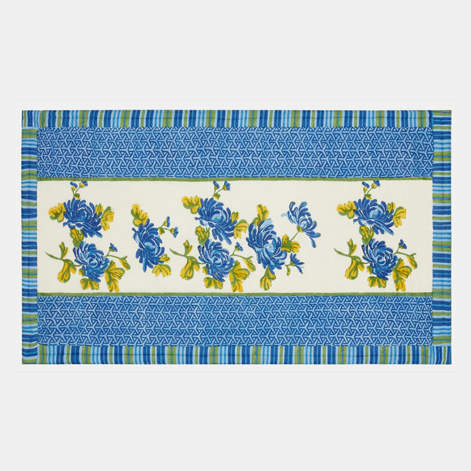 Lisa Corti Vienna Blue Cream Throw Junior Quilt Block Print Cotton Quilt at Collyer&#39;s Mansion