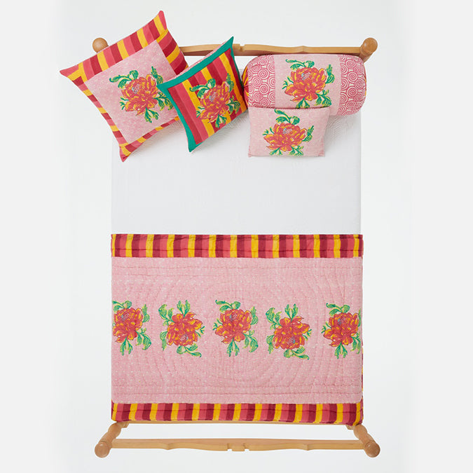 Lisa Corti Camelia Pink Magenta Throw Junior Quilt Block print cotton quilt at Collyer&#39;s Mansion