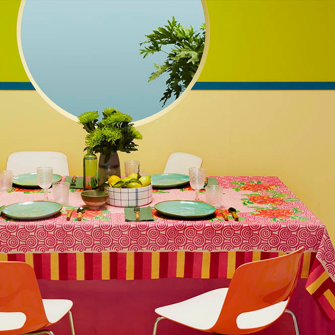 Lisa Corti Camelia Pink Magenta Cotton Blockprint Tablecloth at Collyer&#39;s Mansion