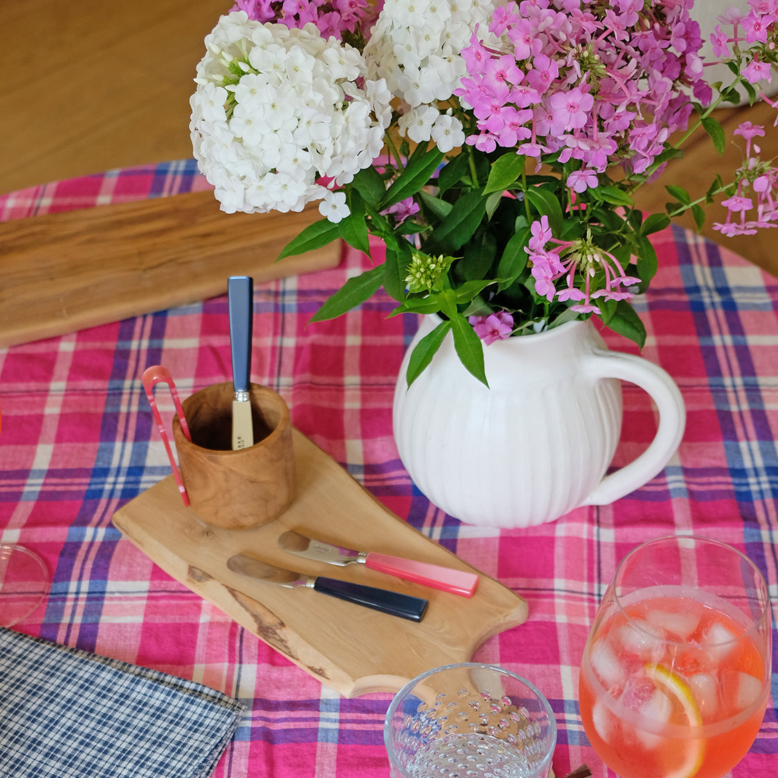 Linen Tablecloth, pink madras