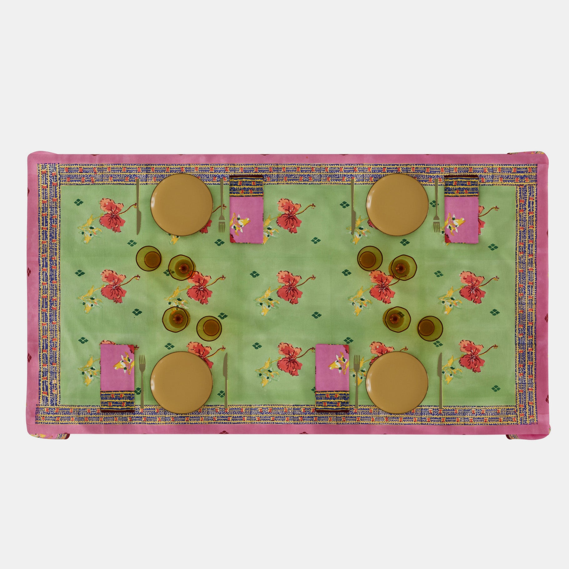 Ibisco Green Pink Cotton Tablecloth