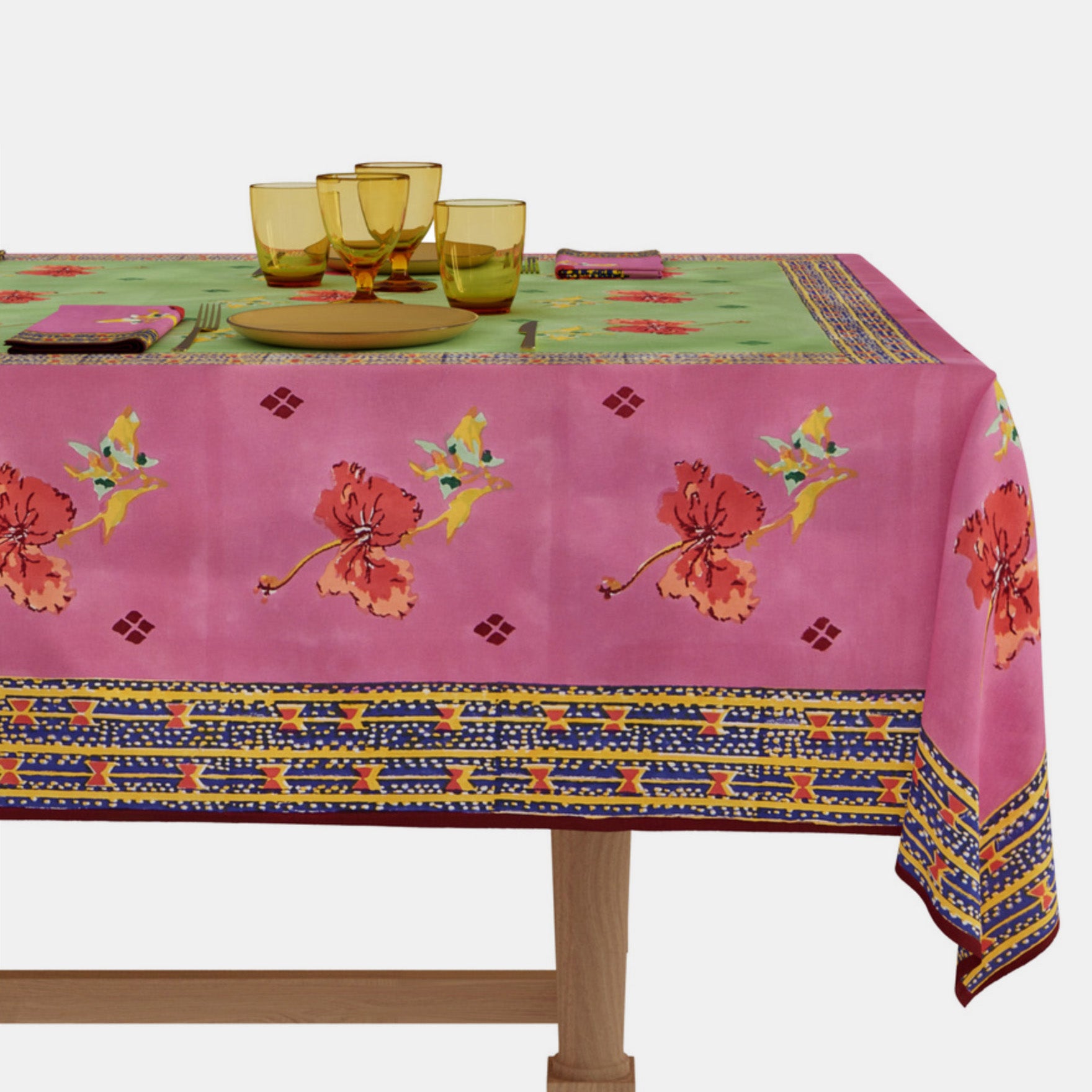 Ibisco Green Pink Cotton Tablecloth