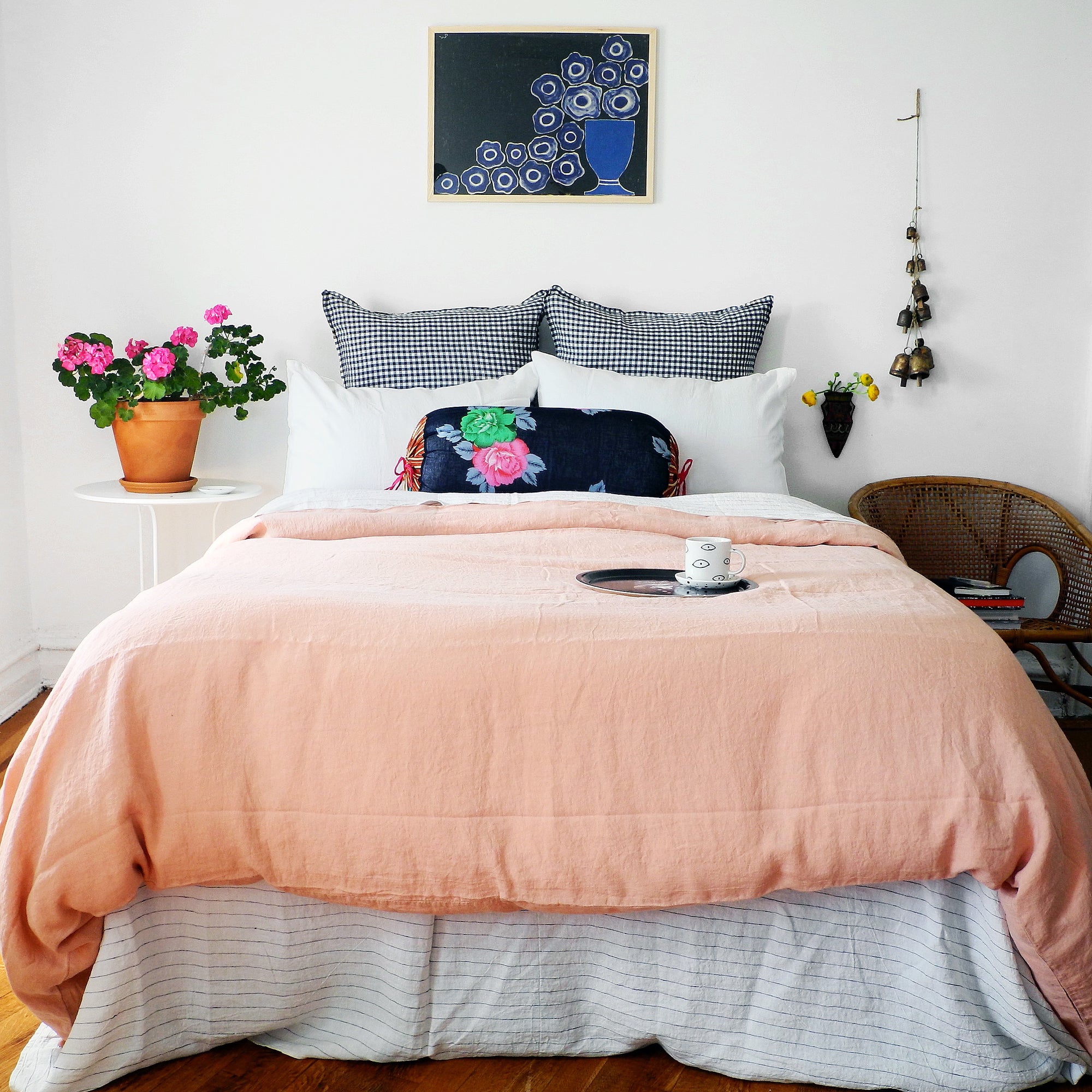 Linge Particulier Off White Standard Linen Pillowcase Sham with copper linen duvet and Lisa Corti bolster for a colorful linen bedding look in soft white - Collyer's Mansion