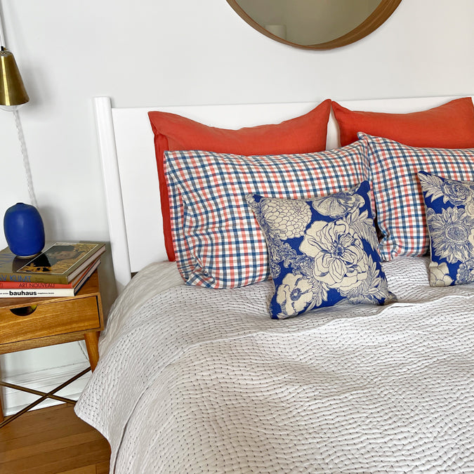 Linen Standard Pillowcase, blue coral gingham