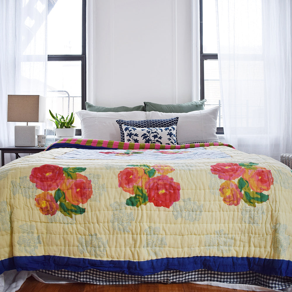 Linge Particulier Jade Green Euro Linen Pillowcase Sham with a Lisa Corti quilt and pink pillow for a colorful linen bedding look in camo green - Collyer's Mansion