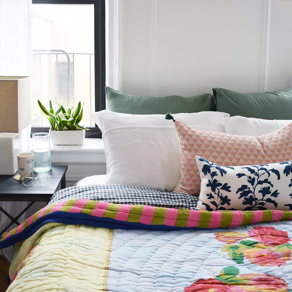 Linge Particulier Jade Green Euro Linen Pillowcase Sham with a Lisa Corti quilt and pink pillow for a colorful linen bedding look in camo green - Collyer&#39;s Mansion