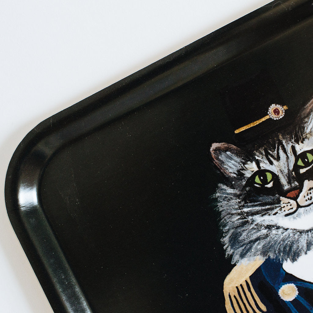 Rectangle designer tray in Scandinavian tray style with a black background and cat portrait for dining or home decor - Collyer's Mansion