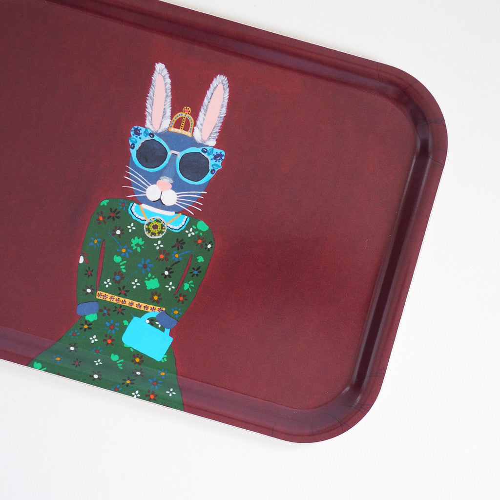 Rectangle designer tray in Scandinavian tray style with a burgundy background and bunny rabbit portrait for dining or home decor - Collyer&#39;s Mansion
