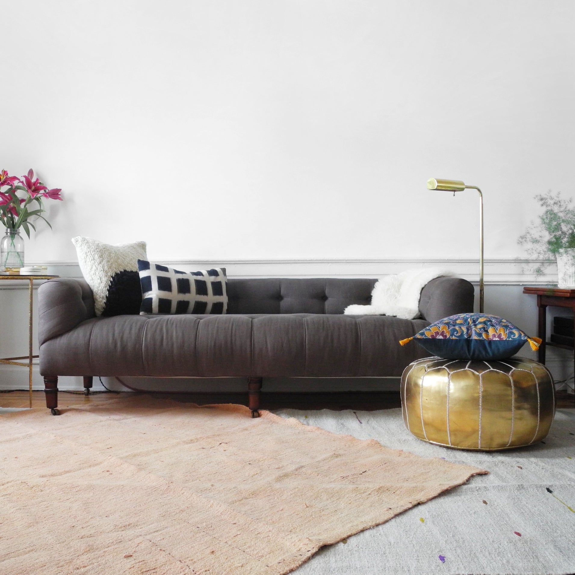 Moroccan Leather Pouf in Gold