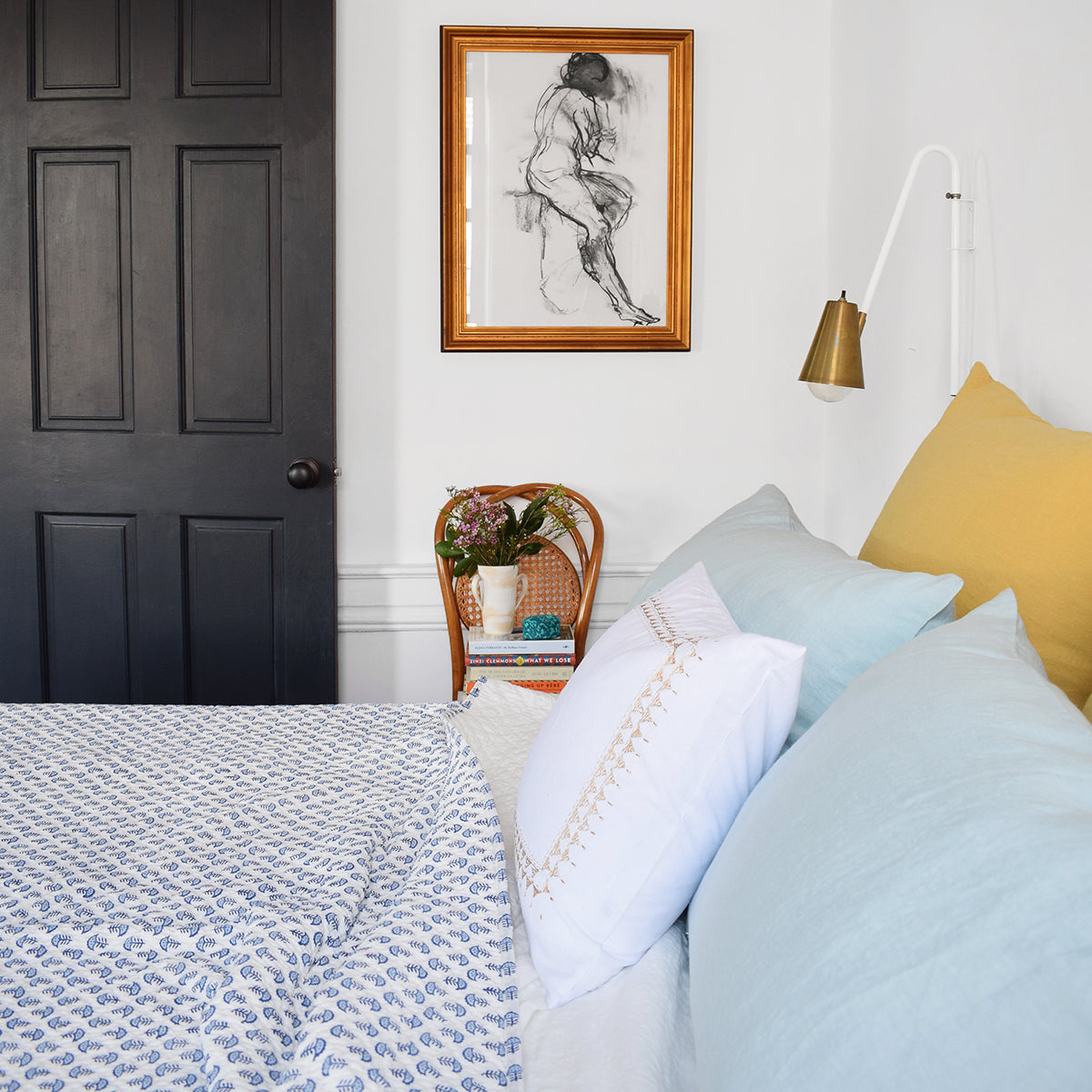 Linge Particulier Pale Blue Standard Linen Pillowcase Sham with a quilt and gold pillowcases for a colorful linen bedding look in light blue - Collyer's Mansion