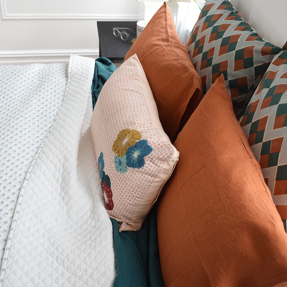 Linge Particulier Sienna Orange Standard Linen Pillowcase Sham with stitched Indian quilt and embroidered pillow for a colorful linen bedding look in burnt orange - Collyer&#39;s Mansion