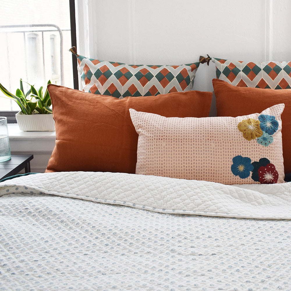 Linge Particulier Sienna Orange Standard Linen Pillowcase Sham with stitched Indian quilt and embroidered pillow for a colorful linen bedding look in burnt orange - Collyer's Mansion