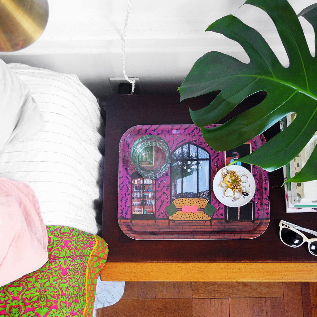 Rectangle designer tray in Scandinavian tray style in a home interiors painting on bedside table with plant - Collyer's Mansion