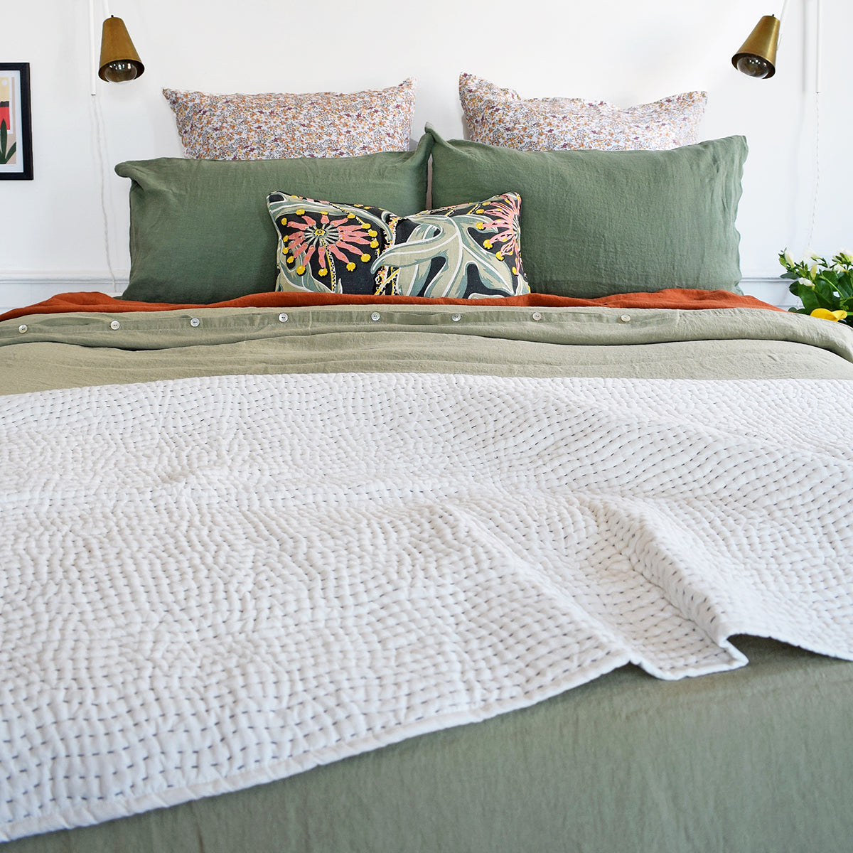 Linge Particulier Jade Green Standard Linen Pillowcase Sham with a fennel green linen duvet and green Utopia Goods pillow for a colorful linen bedding look in camo green - Collyer's Mansion