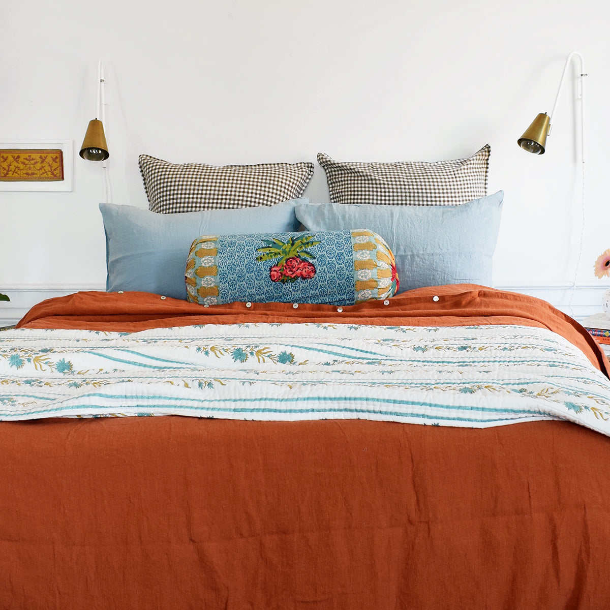 A Linge Particulier Linen Duvet in Sienna gives a orange and rust color to this duvet for a colorful linen bedding look from Collyer's Mansion