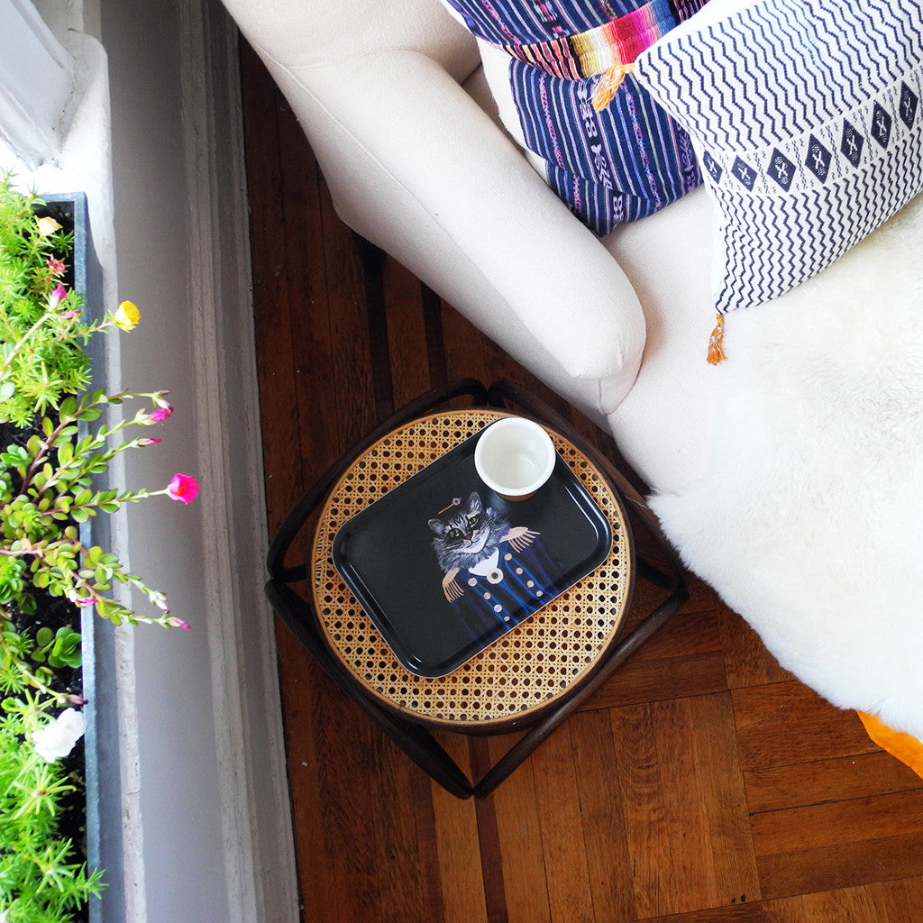 Rectangle designer tray in Scandinavian tray style with a black background and cat portrait on side table next to pink chaise - Collyer&#39;s Mansion