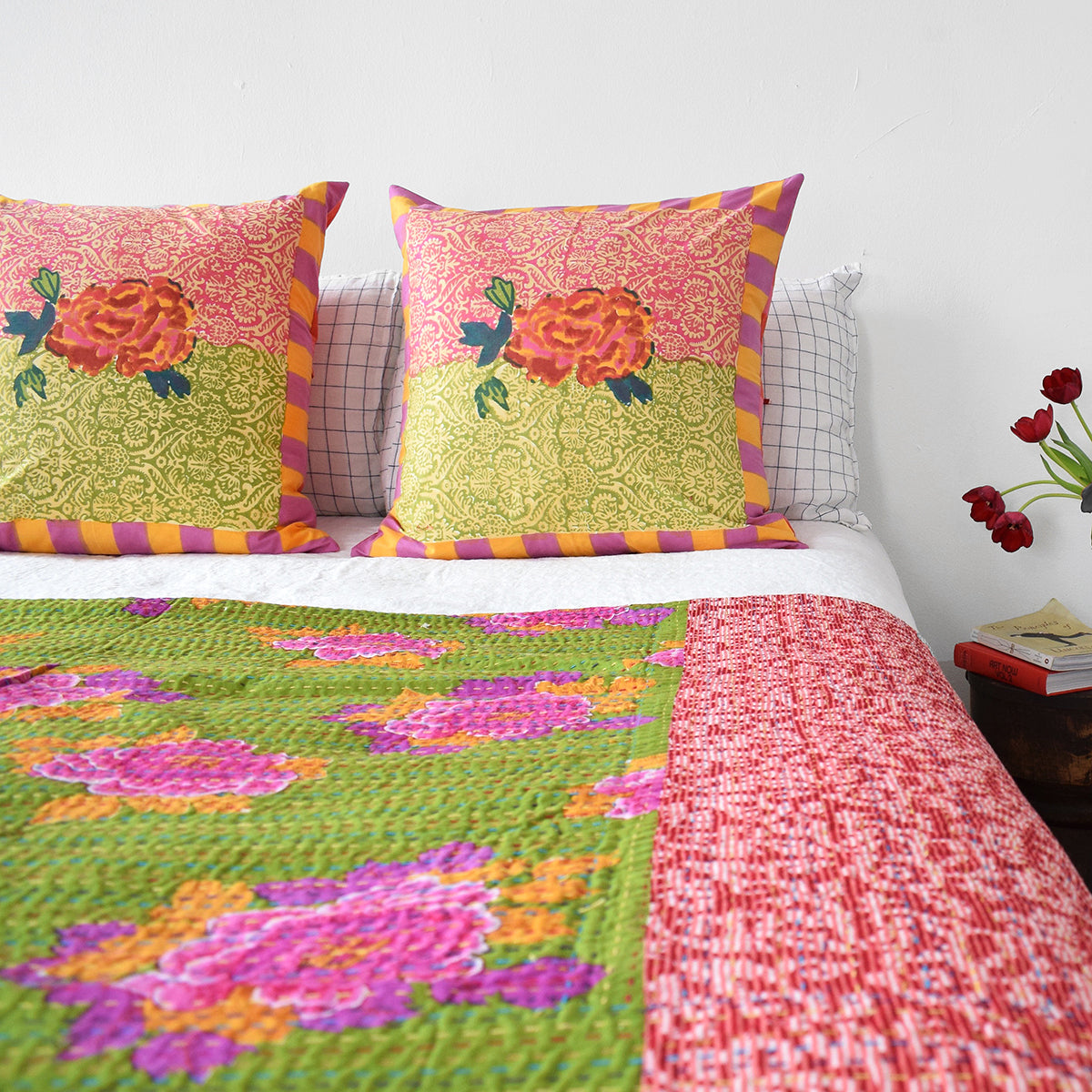 Linge Particulier Navy Check Standard Linen Pillowcase Sham with Lisa Corti gudri kantha quilt and Lisa Corti pillow for a colorful linen bedding look in blue check - Collyer's Mansion